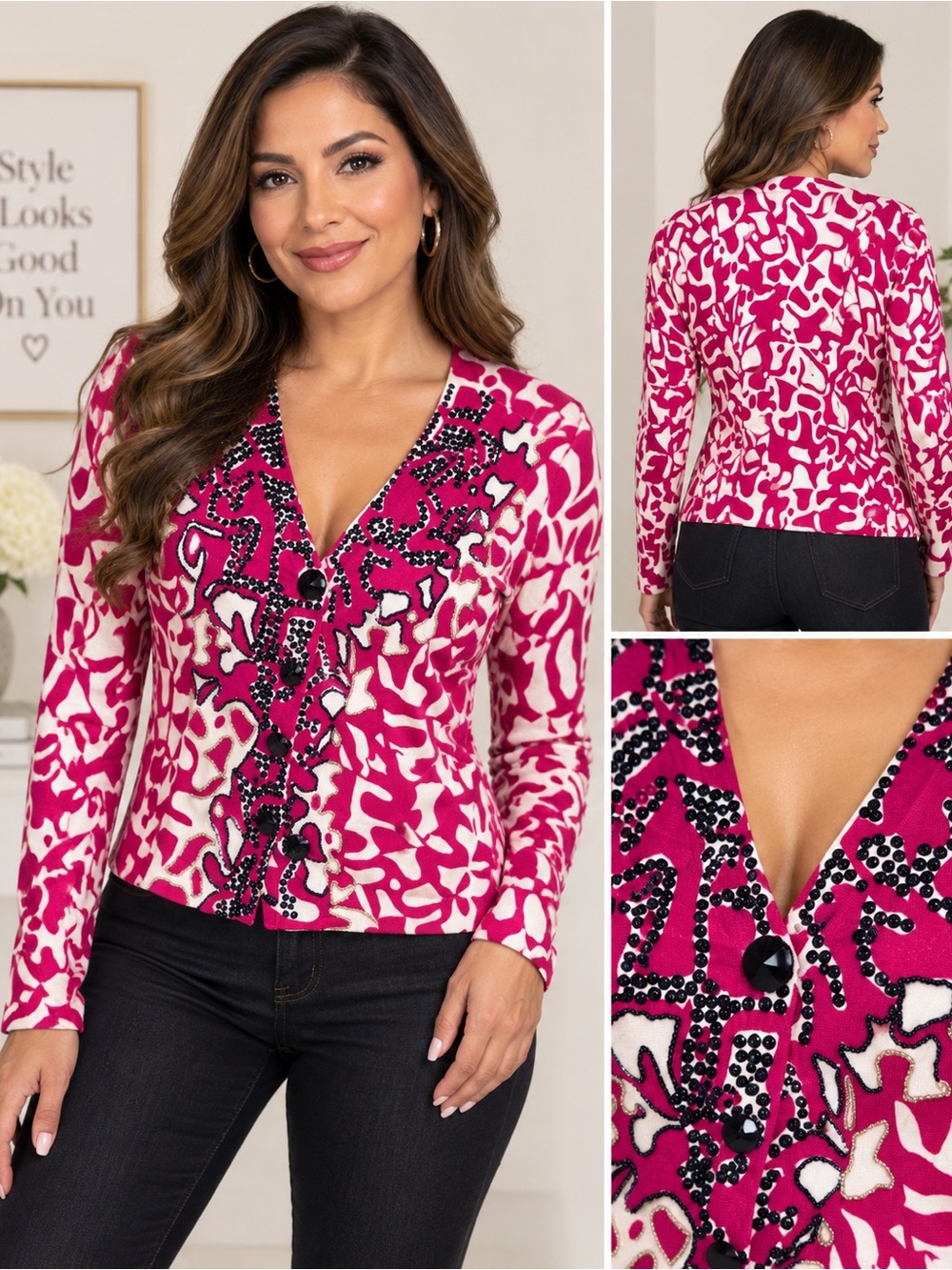 Chico's Small Pink & White Abstract Silk-Blend Beaded V-Neck Cardigan/Jacket